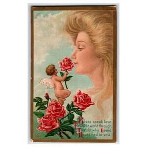 1910 Vintage Fantasy Valentine Postcard Cupid with Roses & Woman Profile